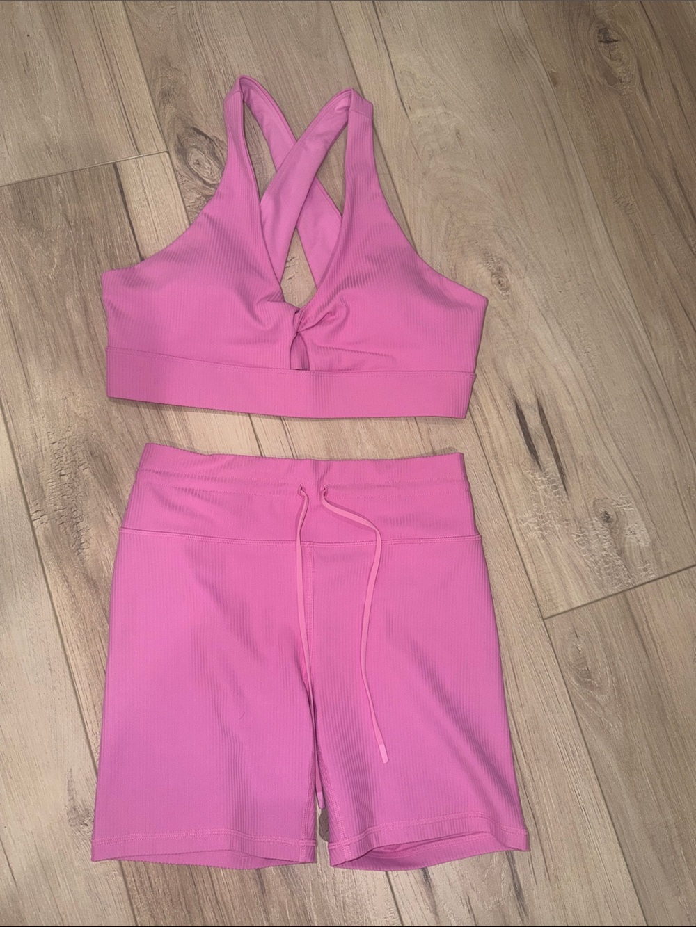 Pink Ribbed High-Waist Bike Shorts and Crisscross Sports Bra Set